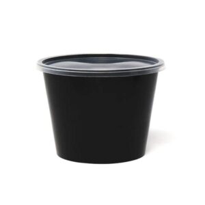 Disposable Plastic Food Container + Lid - 1000ml (Round) White/ Black