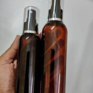 Cosmetic Round Pet Bottle with Silver Lining Spray Pump - Amber (100ml, 200ml)