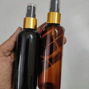 Cosmetic Round Pet Bottle with Spray Pump - Gold Sleeve Neck (50ml, 100ml)