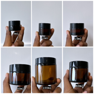 Cosmetic Glass Jar Amber with Black Lid (All Sizes)